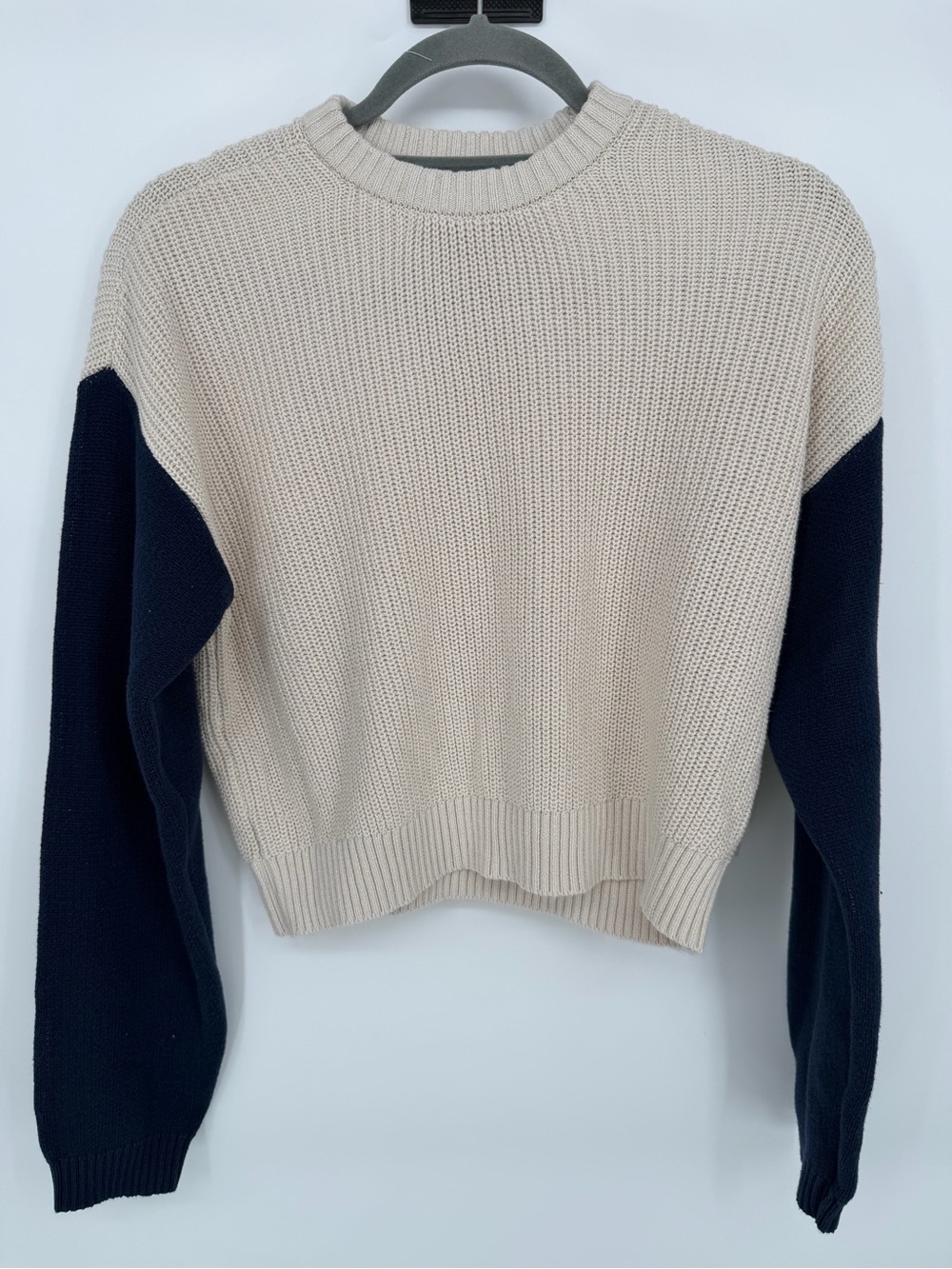 La Hearts Beige Crewneck Sweater with Navy Sleeves